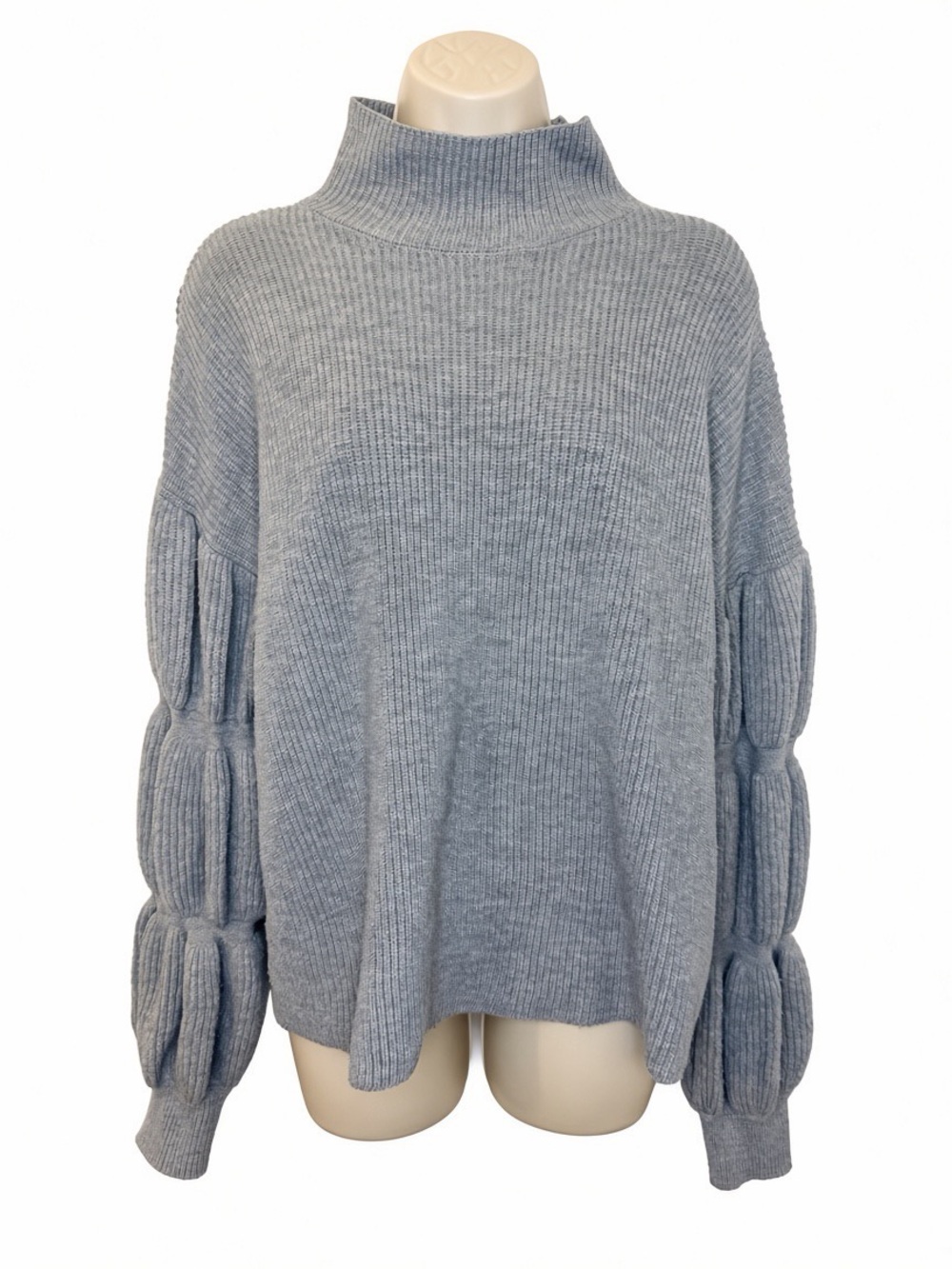 Hem & Thread Gray Ribbed Mock Neck Balloon Sleeve Sweater Size Large